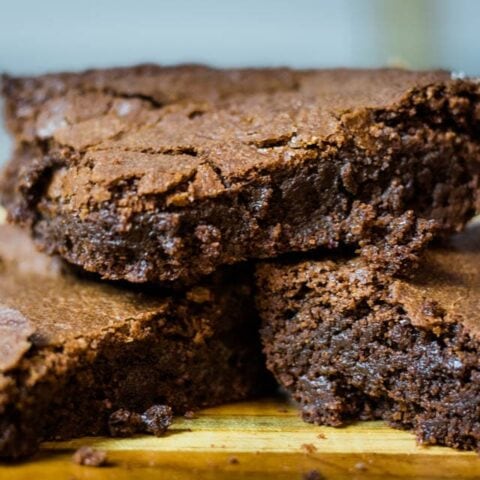 close up stack of 3 brownies