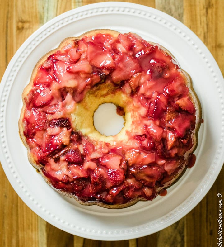 overhead shot of strawberry upside down cake