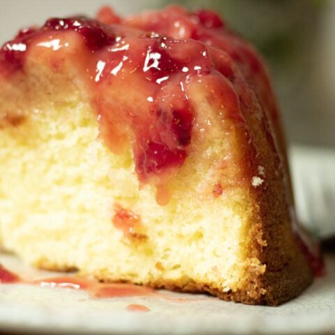 a big slice of strawberry upside down cake