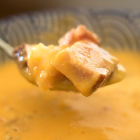 Sweet Potato and Ham Soup on a spoon
