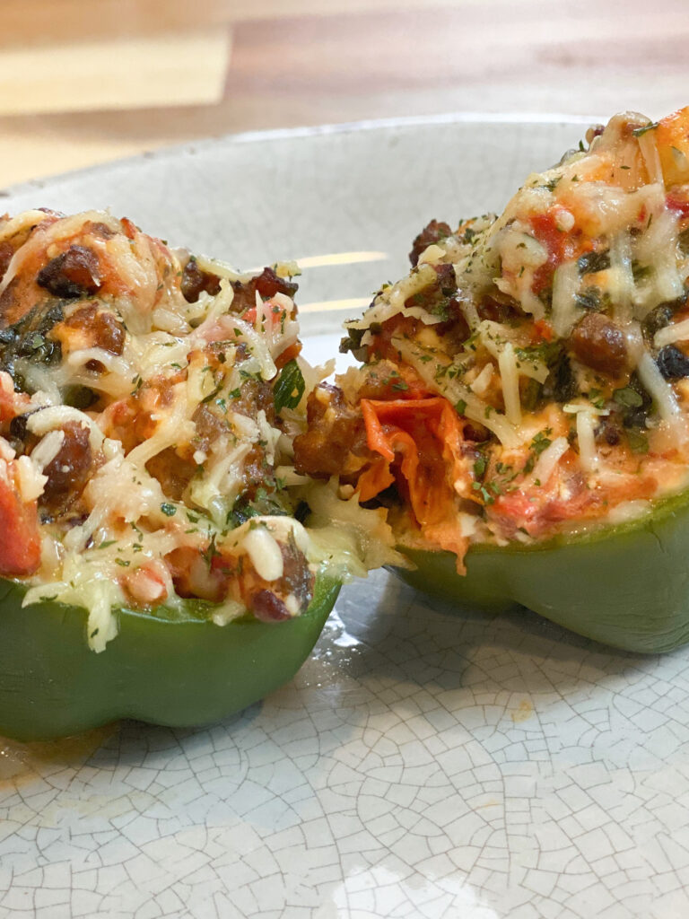 Sausage and Spinach Stuffed Shells using green bell peppers in place of the pasta shells