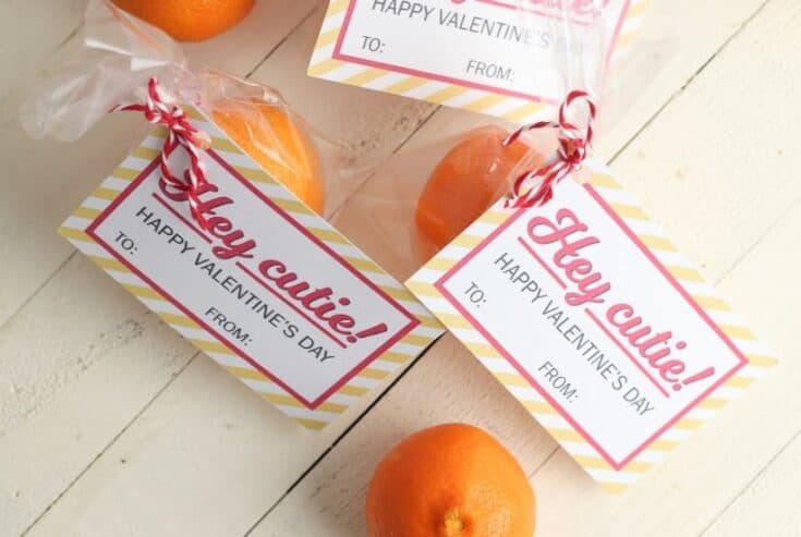 Peel some love this Valentine's Day. This printable Hey Cutie Printable Valentine for Kids is a fun and healthy Valentine treat for kids to share with friends. This Valentine's Day craft project included a free printable you can download and attach to a clementine. This is a great non-candy Valentine option for friends and classmates. #valentinesday #printablevalentines #valentinecraft