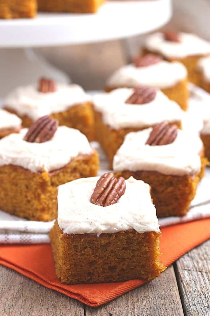 These easy to make pumpkin bars have the perfect combination of pumpkin and spices. Slather on the cream cheese frosting that also has pumpkin pie spice flavor and you have a hit!