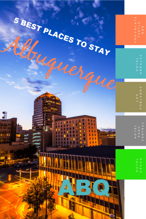 5-bEST-pLACES-TO-STAY-IN-aLBUQUERQUE DOWNTOWN aLBUQUERQUE AS SUN SETS WITH TEXT: