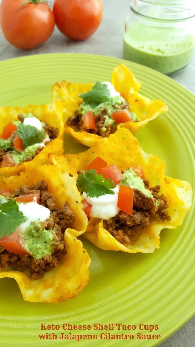 Keto Cheese Shell Taco Cups with Jalapeno Cilantro Sauce