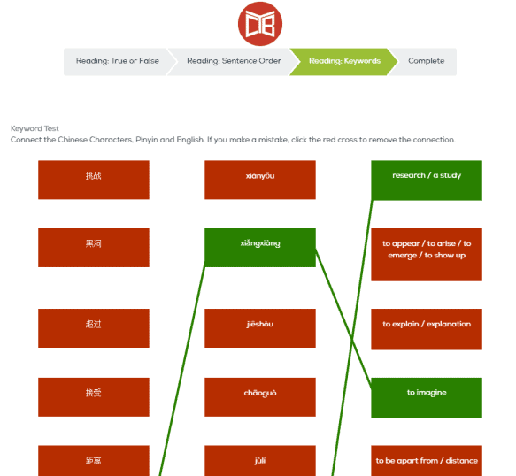 An example of the "keywords" exercise portion of the reading comprehension test.