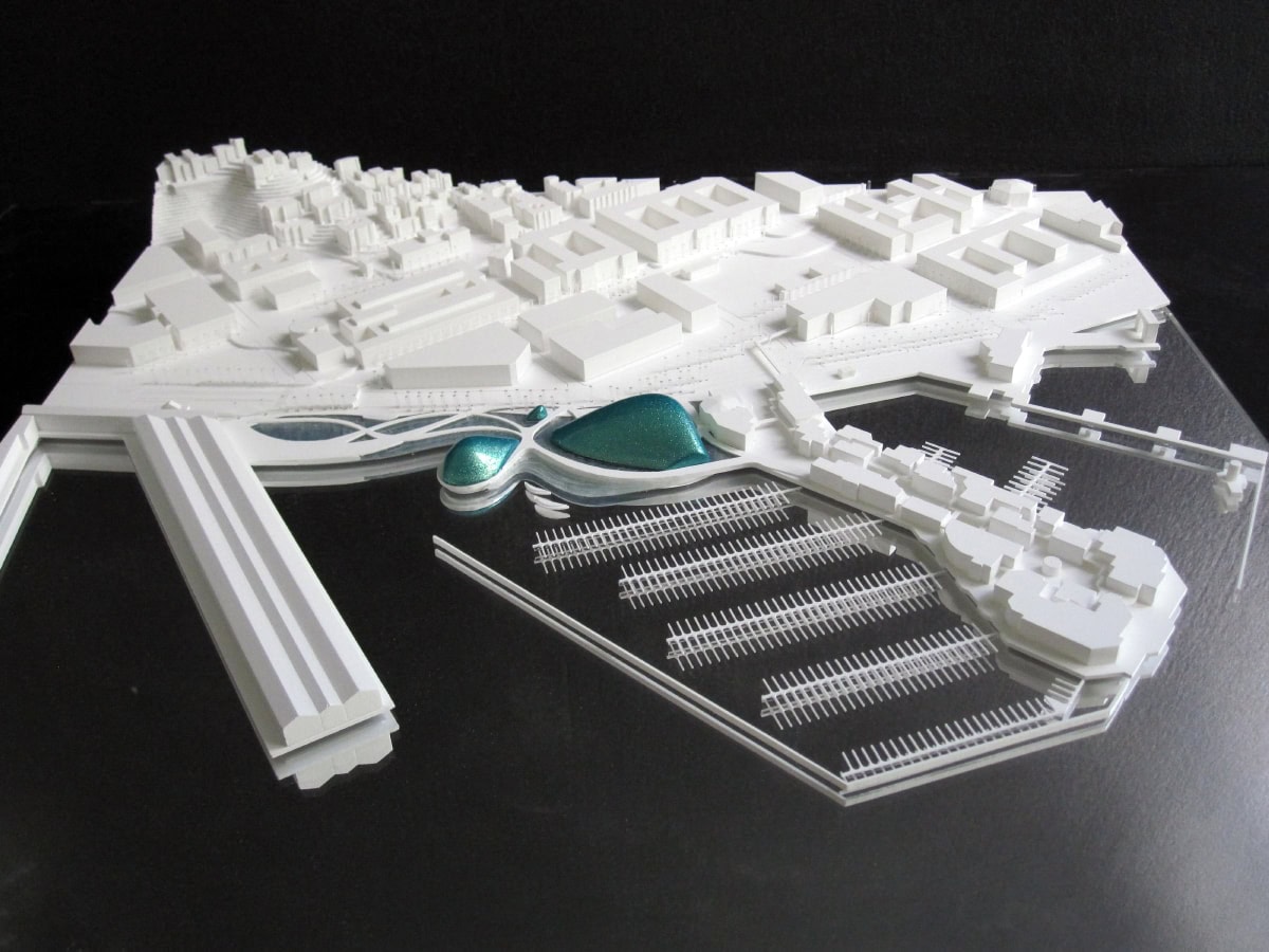 maquette d'urbanisme blanche de l'ecotarium à San Francisco par XTU architectes au 1/2000ème
