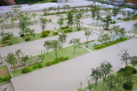 Aménagements des jardins avant pose des bâtiments des grandes serres de Pantin