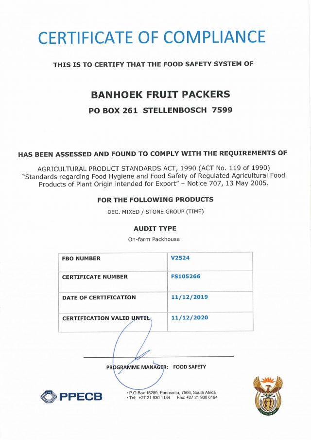 Banhoek Fruit Packers - SA Gap Certificate 1