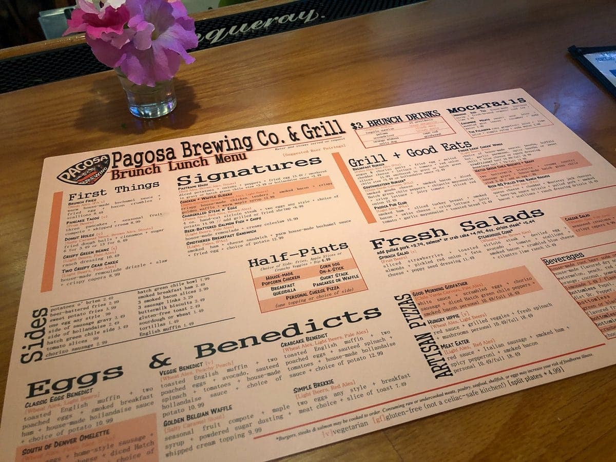 The brunch/lunch menu at Pagosa Brewing Company, Pagosa Springs, Colorado
