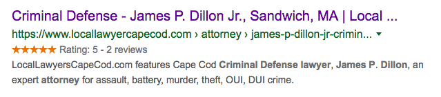 Review stars displaying for Attorney James Dillon on LocalLawyersCapeCod.com