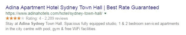 Adina hotel in Sydney with a 4 star rating in Google in 2017