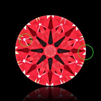 Ideal-Scope Kontrast Leckage (grün eingekreist) als kleine Muster in einem perfekt geschliffenen Diamanten Ideal-Scope Kontrast Leckage als kleine Muster in einem perfekt geschliffenen Diamanten