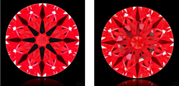 Die Gefahr beim Kauf eines Diamanten ohne Hinzunahme eines Ideal-Scopes: Beide Diamanten links und rechts mit GIA"Excellent-Cut" Die Gefahr beim Kauf eines Diamanten ohne Hinzunahme eines Ideal-Scopes: Beide Diamanten links und rechts mit GIA"Excellent-Cut"