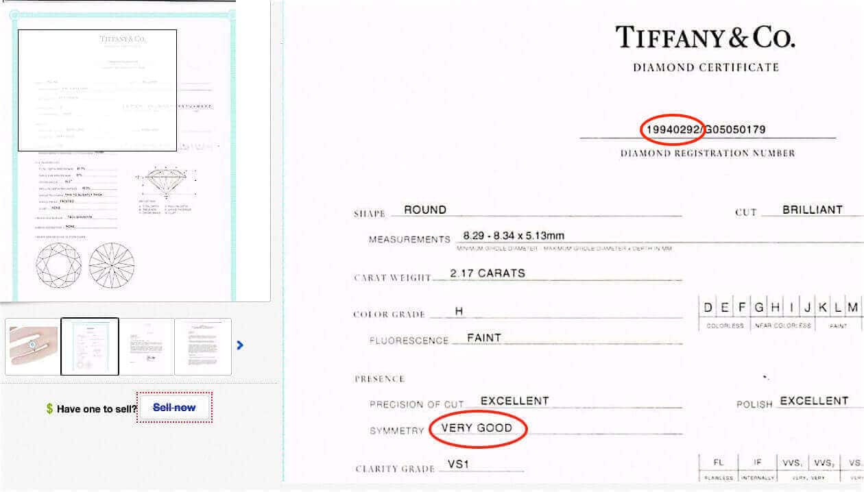 Tiffany-Zertifikat mit den Schliff-Bewertungen für den Diamanten mit 2.17ct Farbe H Reinheit VS1 Tiffany-Zertifikat mit den Schliff-Bewertungen für einen Diamanten, 2.17ct H VS1
