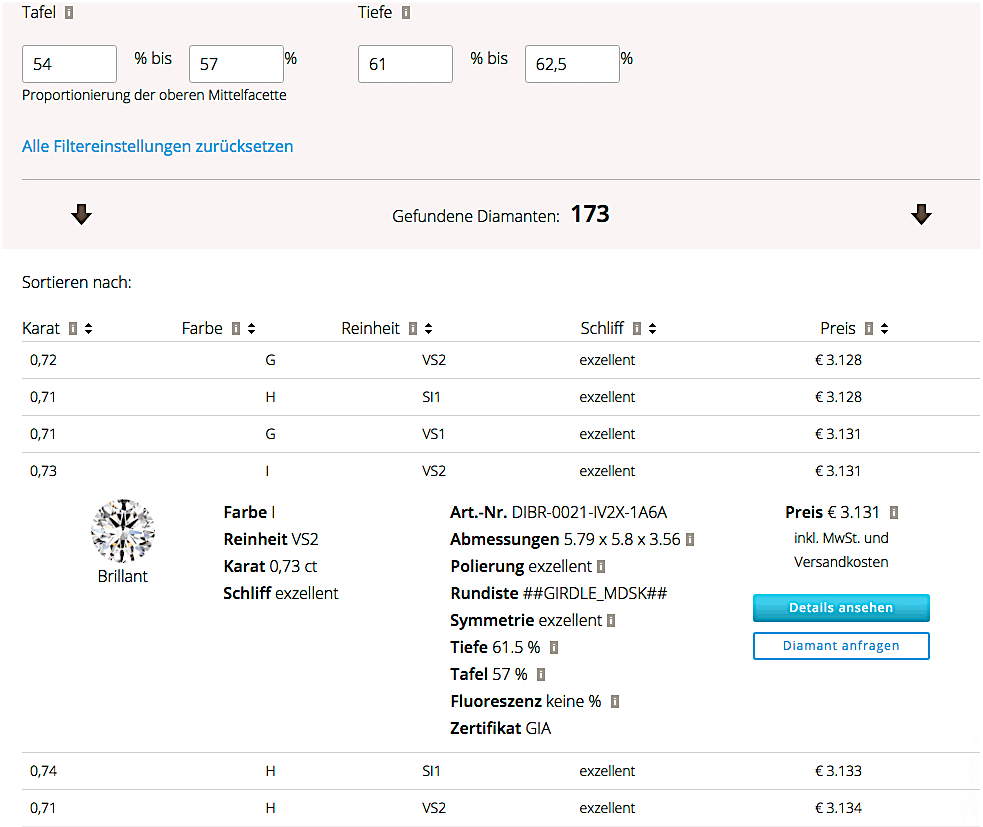 Ausschnitt aus einer Diamanten-Liste vom Online-Juwelier Renesim. Aufgeklapptes Fenster eines ausgewählten Diamanten mit Symbol-Bild Ausschnitt aus einer Diamanten Liste vom Online-Juwelier Renesim. Aufgeklapptes Fenster eines ausgewählten Diamanten