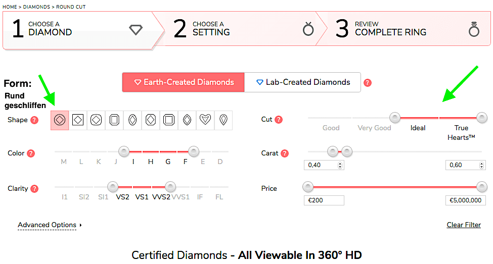 Voreinstellung Diamant-Schliff auf einer Internet-Seite beim Online-Juwelier, hier James Allen Voreinstellung für den Diamant-Schliff auf einer Internet-Seite beim Online-Juwelier, hier James Allen