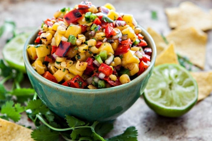 Mango Salsa with Grilled Corn and Blistered Red Peppers