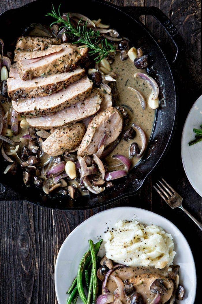 sliced roast pork marsala with creamy mushroom marsala sauce