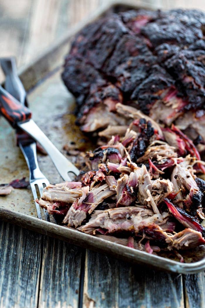 baking sheet with shredded smoked pulled pork