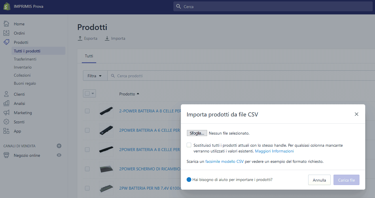 Importare prodotti su Shopify tramite file CSV Importare prodotti su Shopify tramite file CSV
