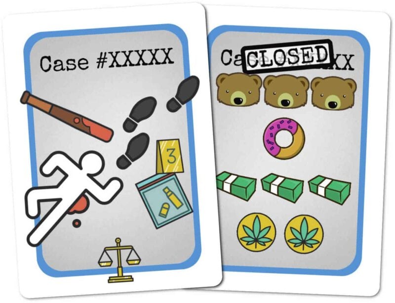 Example Good Cop, Bear Cop case cards. The rear face has a generic back indicating it's a Case card, while the front face shows the points scored by different players when the case is solved.