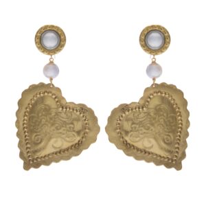Orecchini in ottone Cuori imbossati e perle