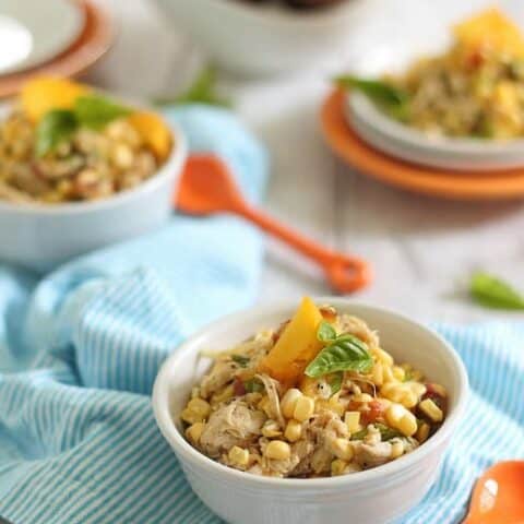 honey mustard chicken salad with corn and peaches