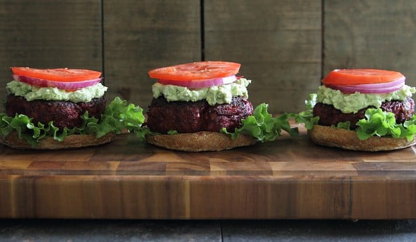 BBQ Beef Beet Burgers with Avocado Goat Cheese Smash