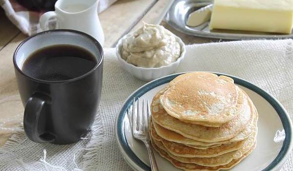 Coconut Ricotta Pancakes with Carmelized Banana Creme Fraiche Butter