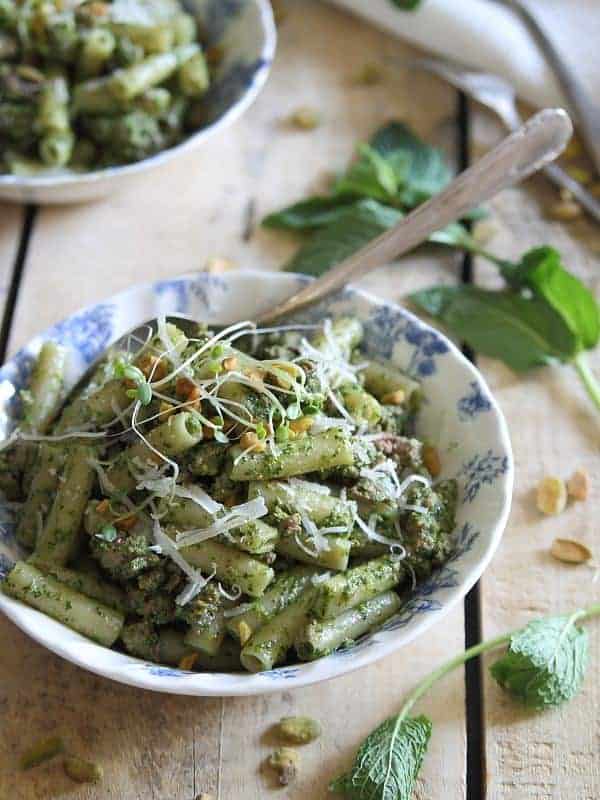 Brown Rice Penne with Lamb and Mint Pesto