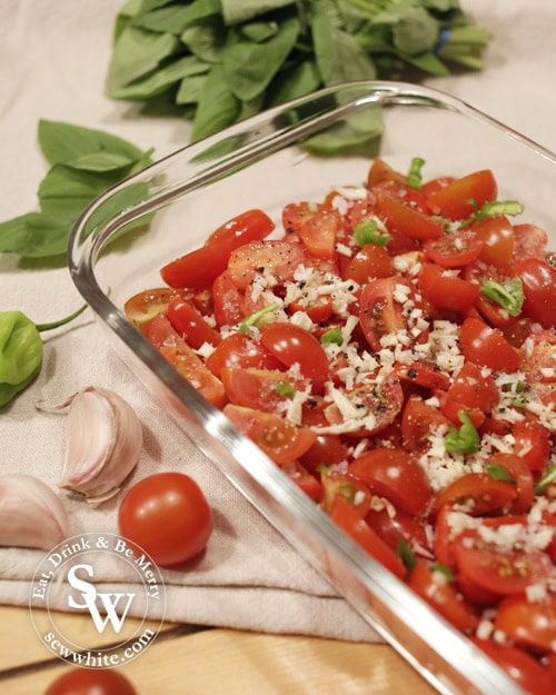 tomatoes, garic and basil ready to be roasted for the Roast Tomatoes with Garlic Basil and Chilli