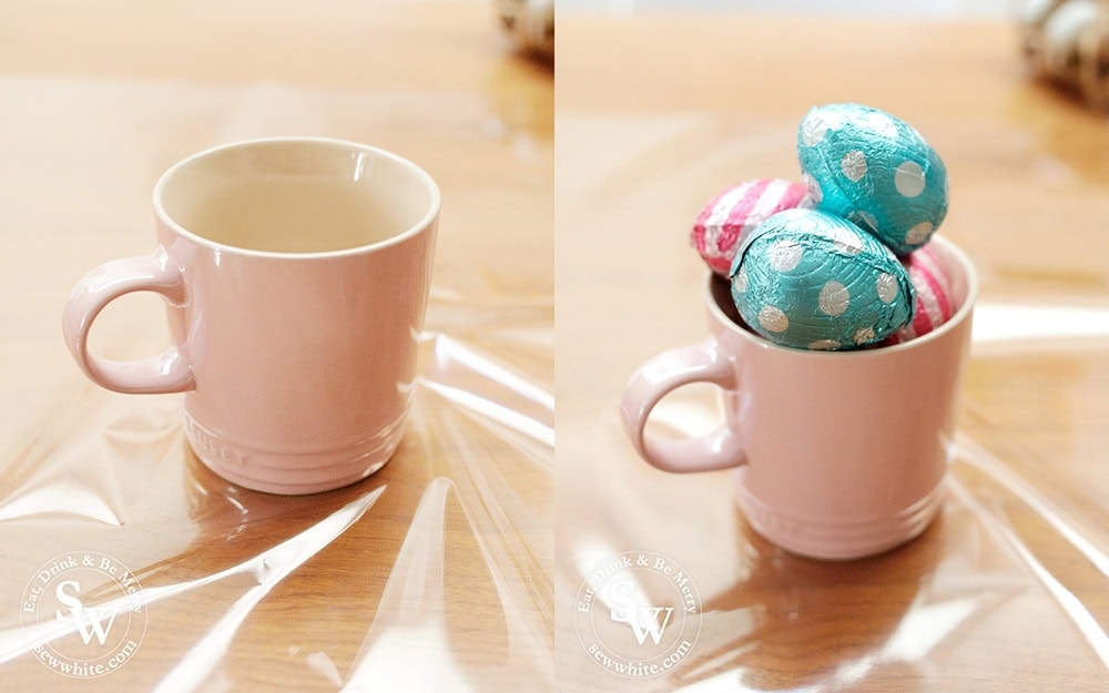 Easter Inspiration Gifts wrapping up Le Creuset cups in cellophane filled with eggs.