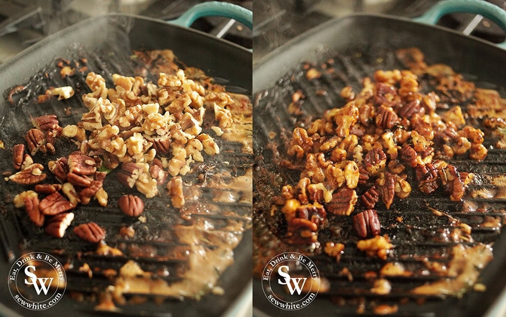 Toasting and caramelising pecans and walnuts with maple syrup in a le creuset cast iron grill pan.