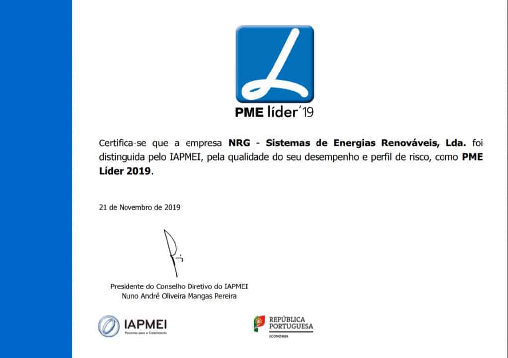 Certificado de distinção PME Líder 2019