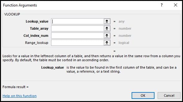 Blank Function Arguments dialog.