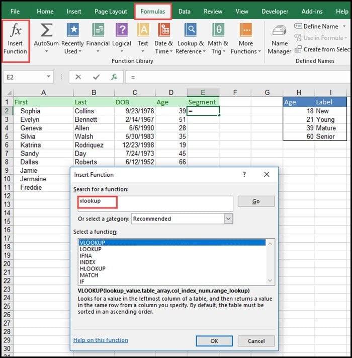 Inserting vlookup function.