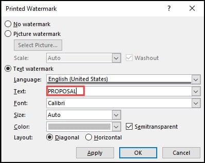 printed watermark dialog with draft text.