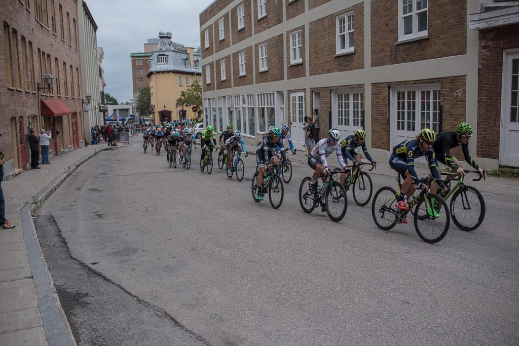 Bikers racing through the narrow streets of Quebec City