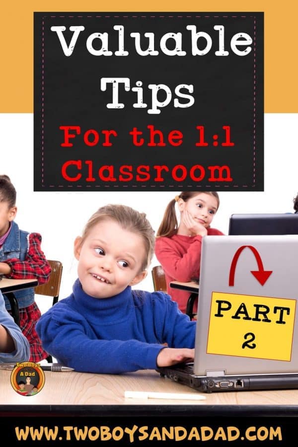 If you\'re in a 1:1 classroom, you\'ll want to read this technology tips. I have tips on storage, Google Classroom, classroom management and more. Click to read more! #twoboysandadad #technology #1:1 #classroom #elementary #teacher