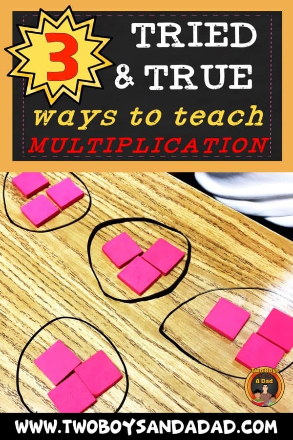 Teaching multiplication to 3rd graders or upper elementary students can take many forms. But here are 3 strategies that will fit any learning style. Presented as hands-on activities, students learn to use equal groups, arrays and a number line to multiply. Click to see examples. #twoboysandadad #multiplication #math #thirdgrade #elementary #teaching