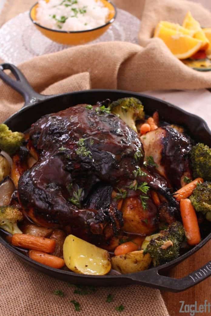 chicken baked in a cast iron skillet covered with bbq | zagleft