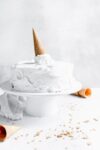 Neapolitan ice cream cake topped with cone
