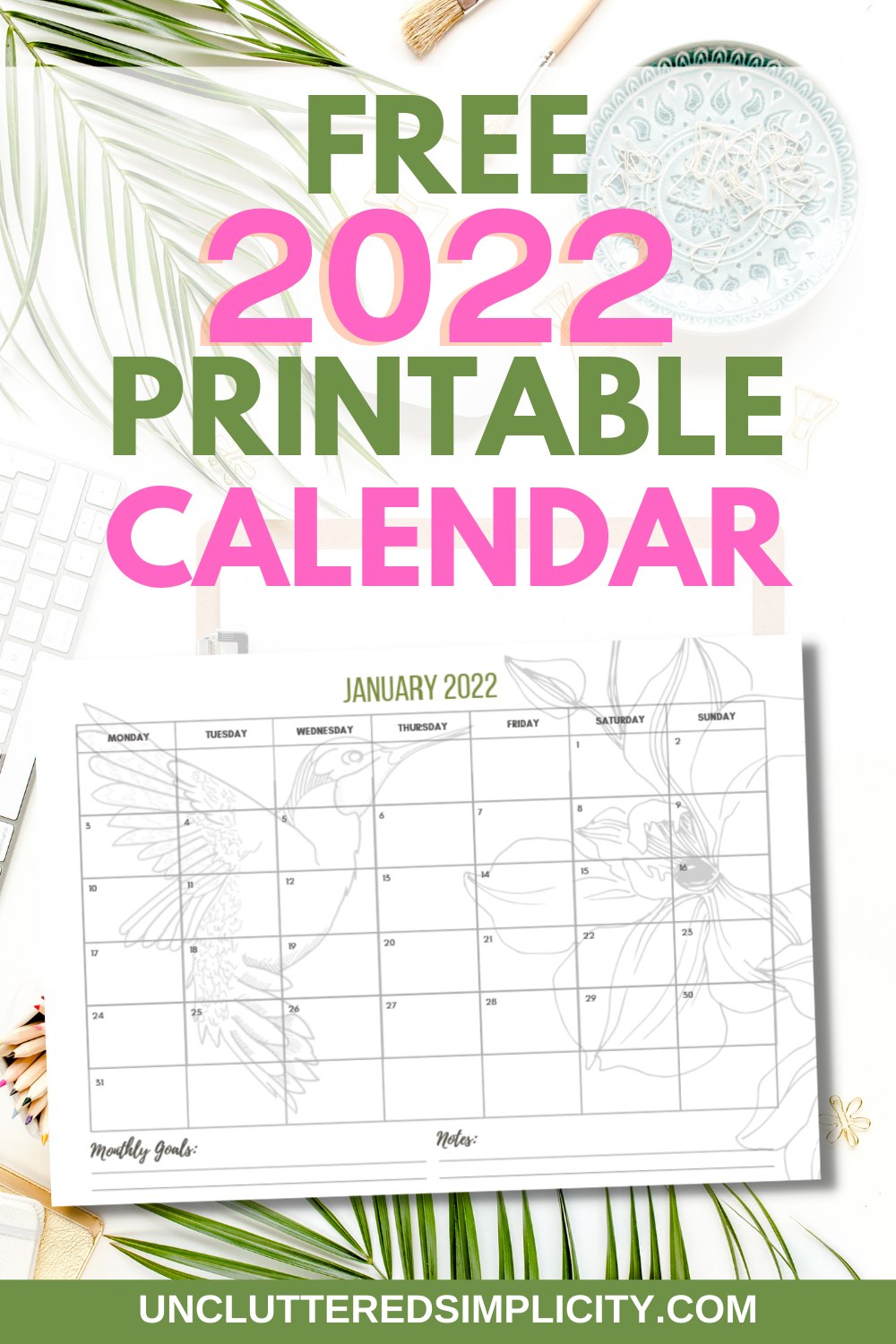 free 2022 printable calendar pin