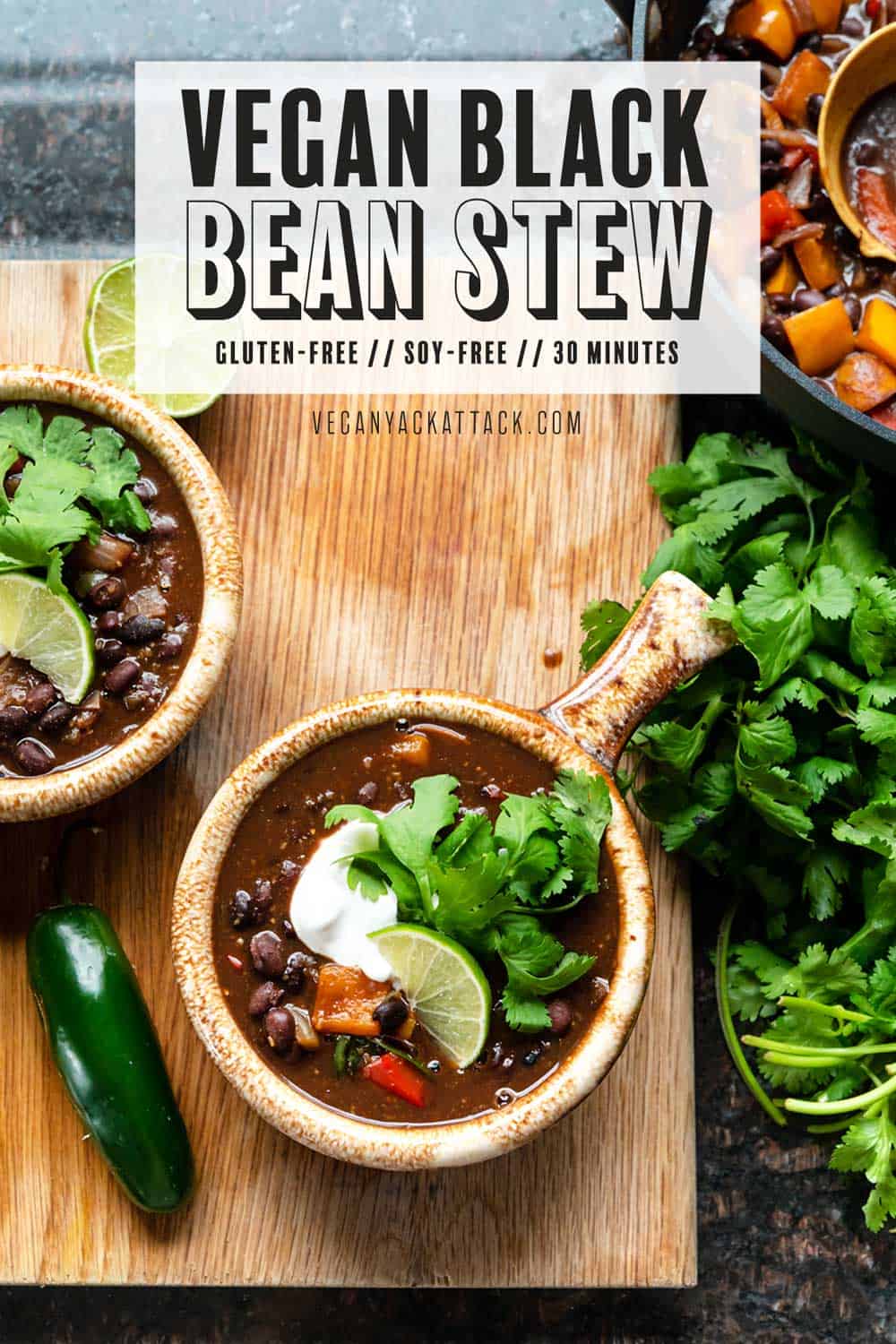 Image of two bowls of black bean stew on a cutting board with fresh cilantro bundle