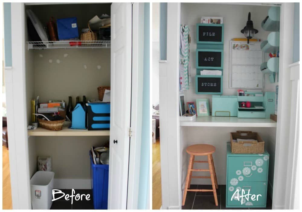 Organized office in a closet