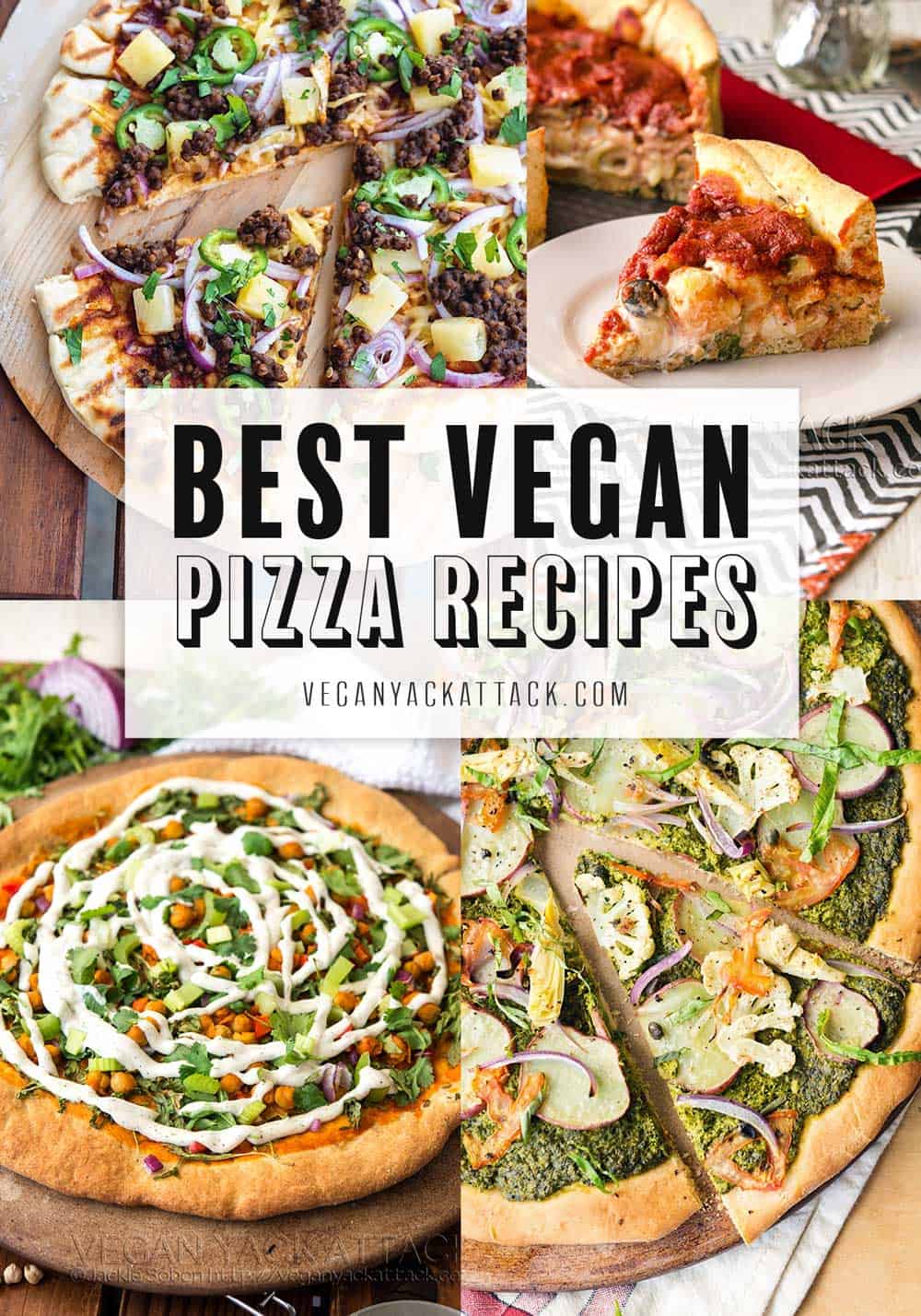 Photo collage of 4 vegan pizzas with text overlay "Vegan Pizza Day Recipe Round Up"