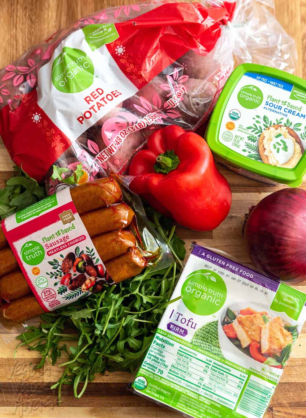 Ingredients for Vegan Chorizo Breakfast Bake on a cutting board
