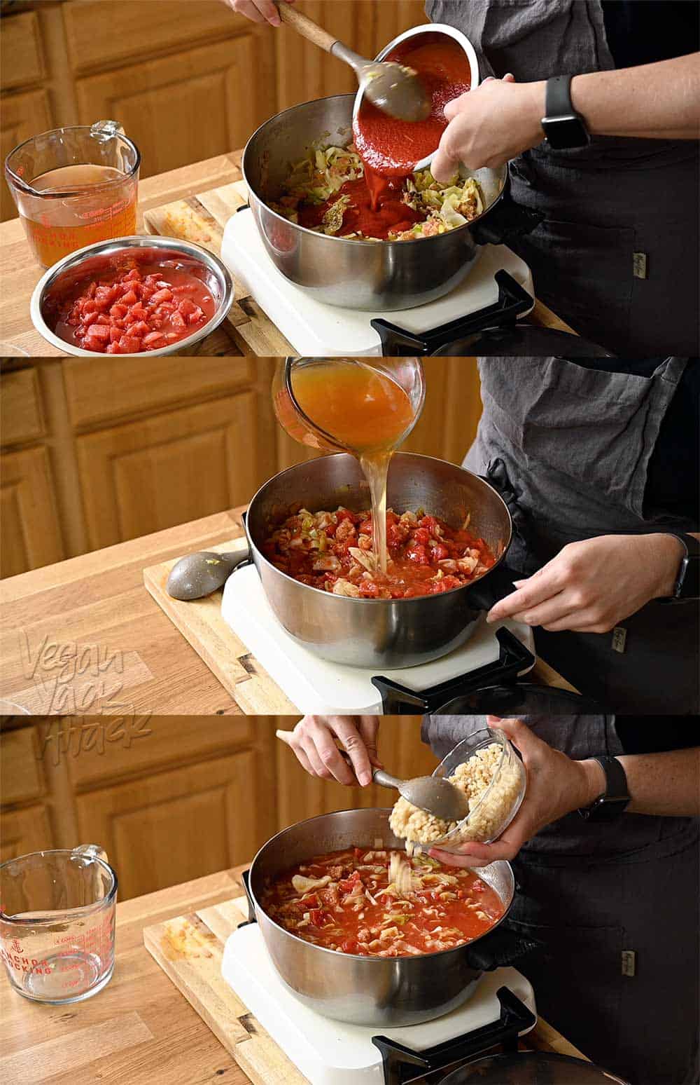 Image collage of person pouring ingredients into a pot