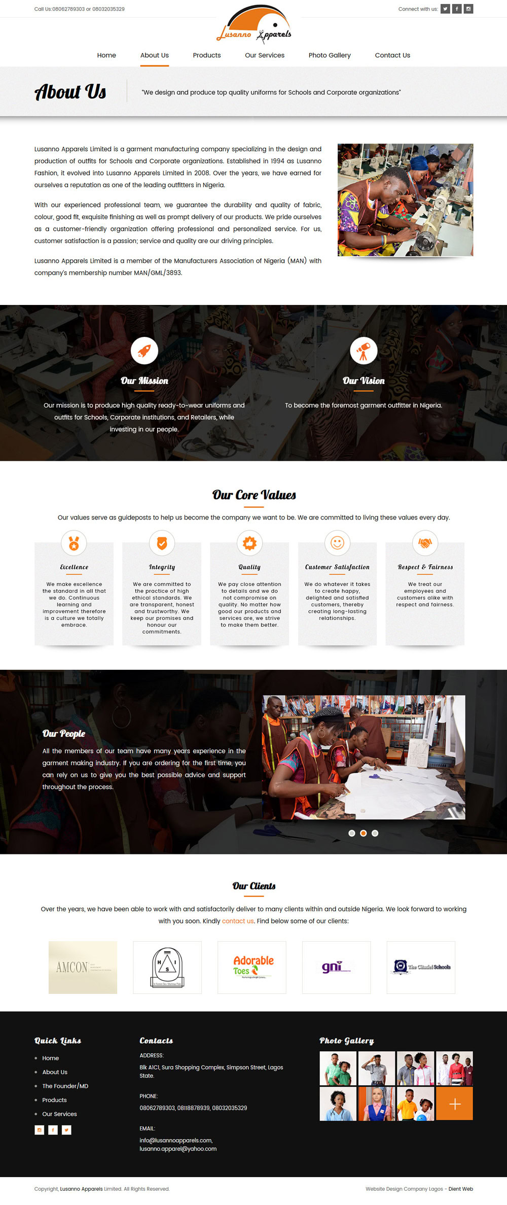 website design for lussano apparels by DientWeb the best web designer in lagos nigeria about us page design